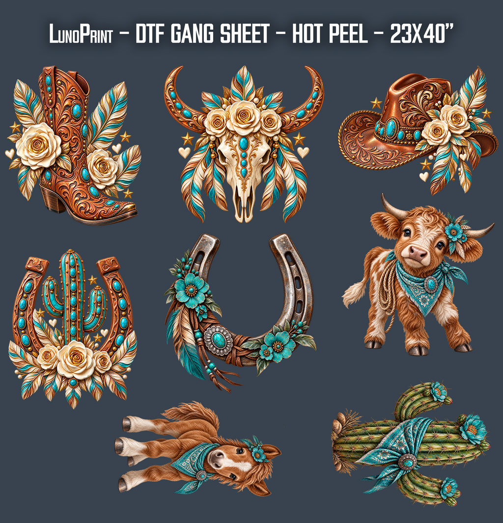 Western Turquoise DTF Gang Sheet 23x40 in. Ready-to-press Heat transfers 9308