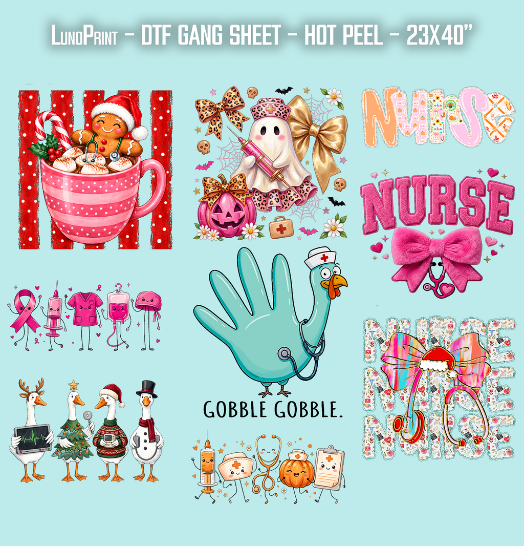 Nurse. Christmas-Halloween DTF Gang Sheet 23x40 in. Ready-to-press Heat transfers 9304